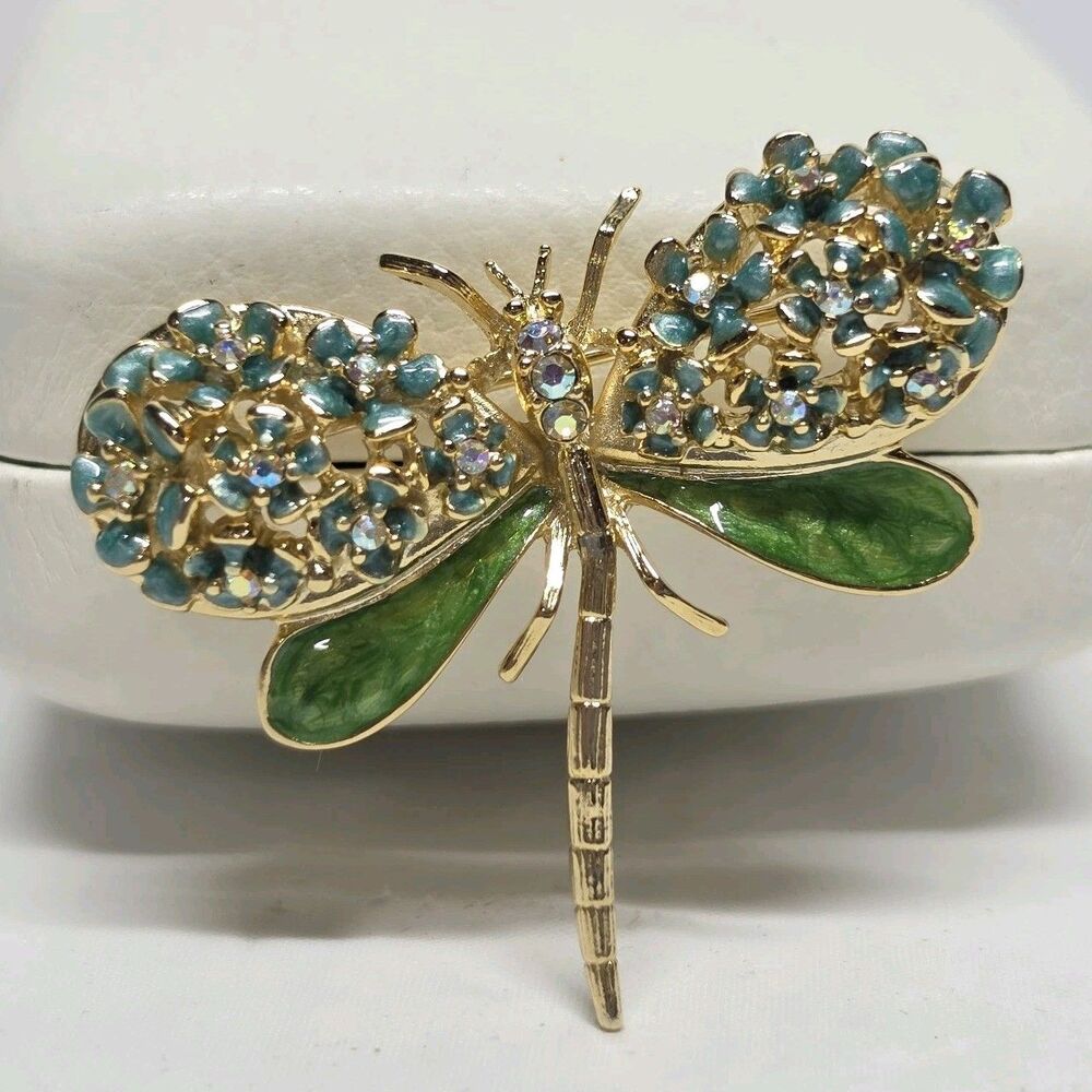 Kirks Folly Dragonfly Brooch Pin Blue Green Enamel Aurora Borealis Rhinestones